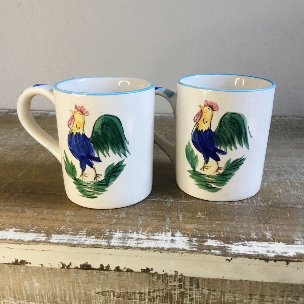 Two Hand painted vintage chicken mugs coffee tea dishwasher crazing farmhouse